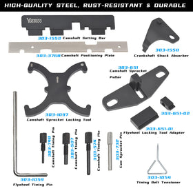 Yuesstloo full tool spread on bench illustrating complete 13-piece kit for engine timing jobs