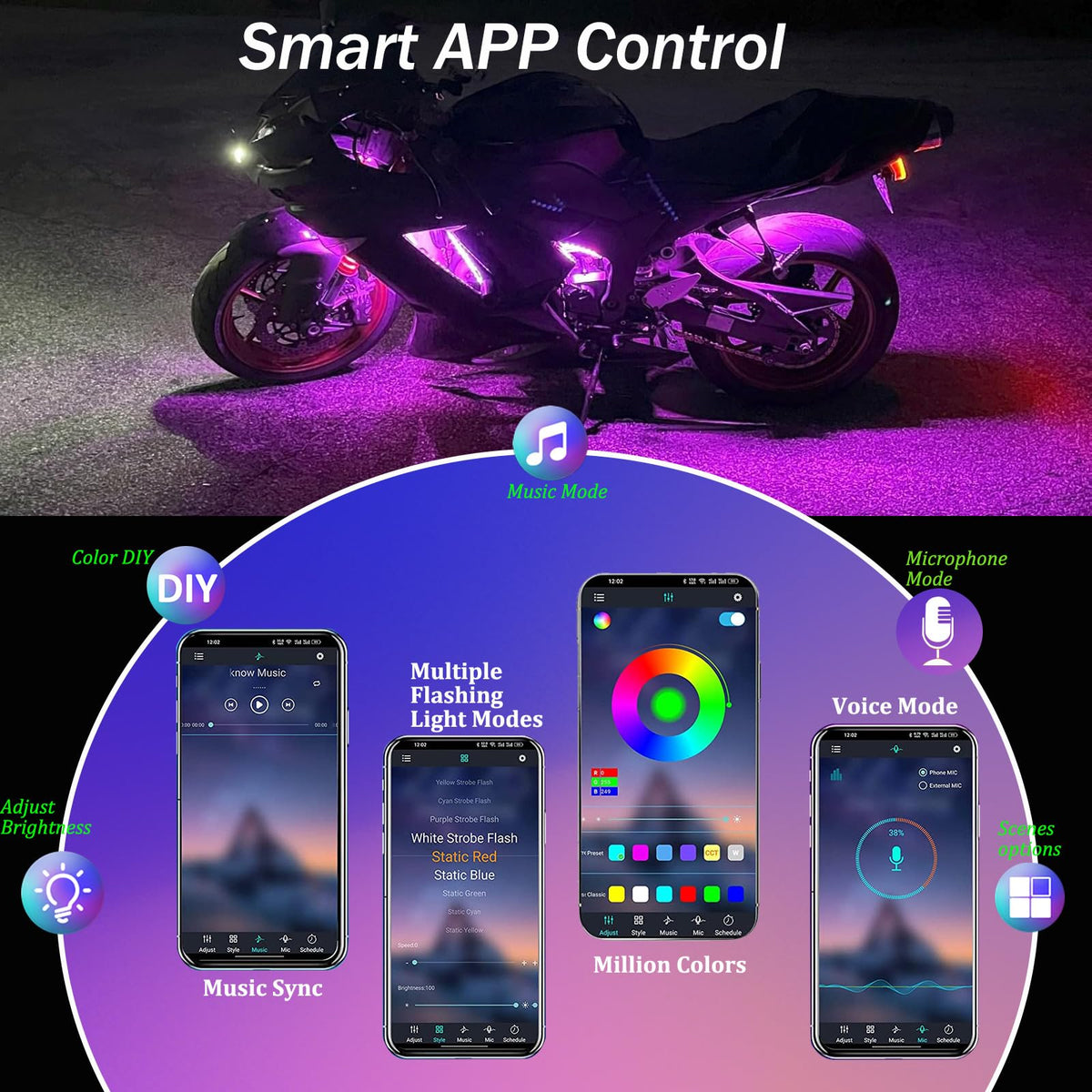 YUGUANG smartphone app control screen demonstrating easy color, mode, and music synchronization