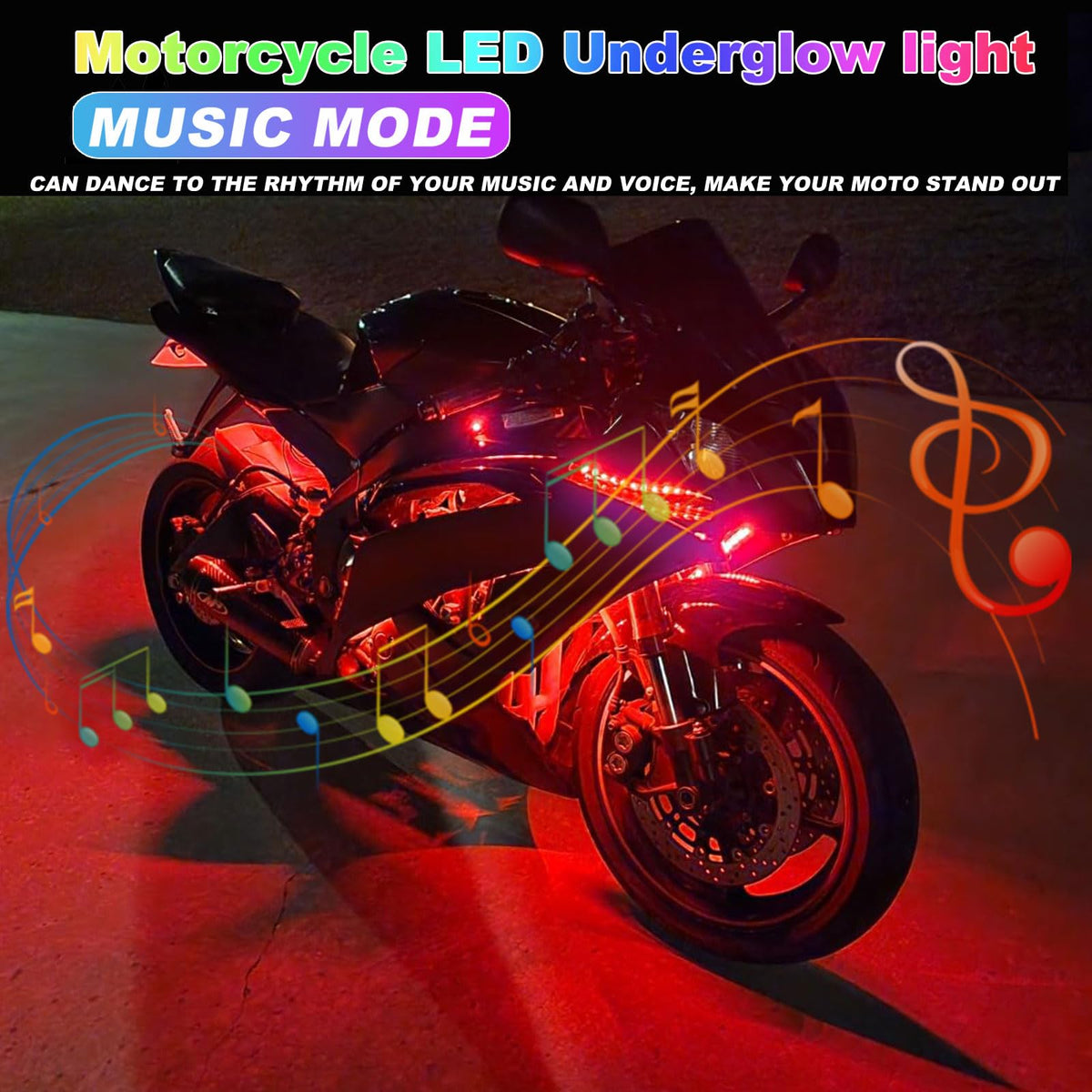 YUGUANG installed under a motorcycle at night highlighting dramatic color effect and visibility