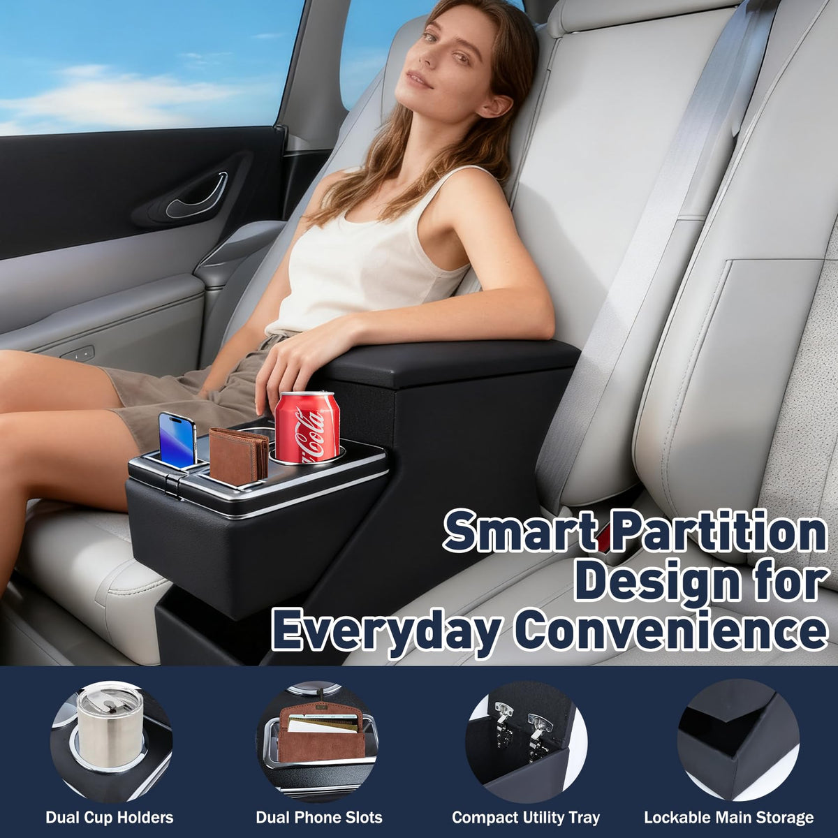 YUKGAMS side profile installed between seats demonstrating slim fit and space-saving benefit