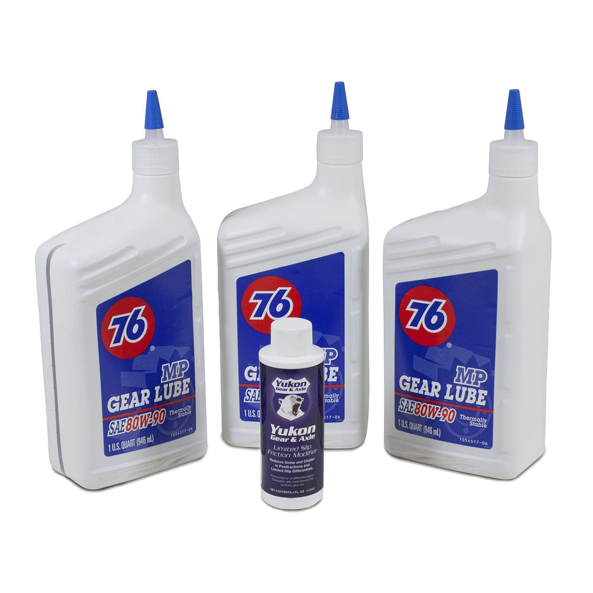 Yukon Gear & Axle front view of three 80W-90 quarts with 4oz positraction additive for correct dosing