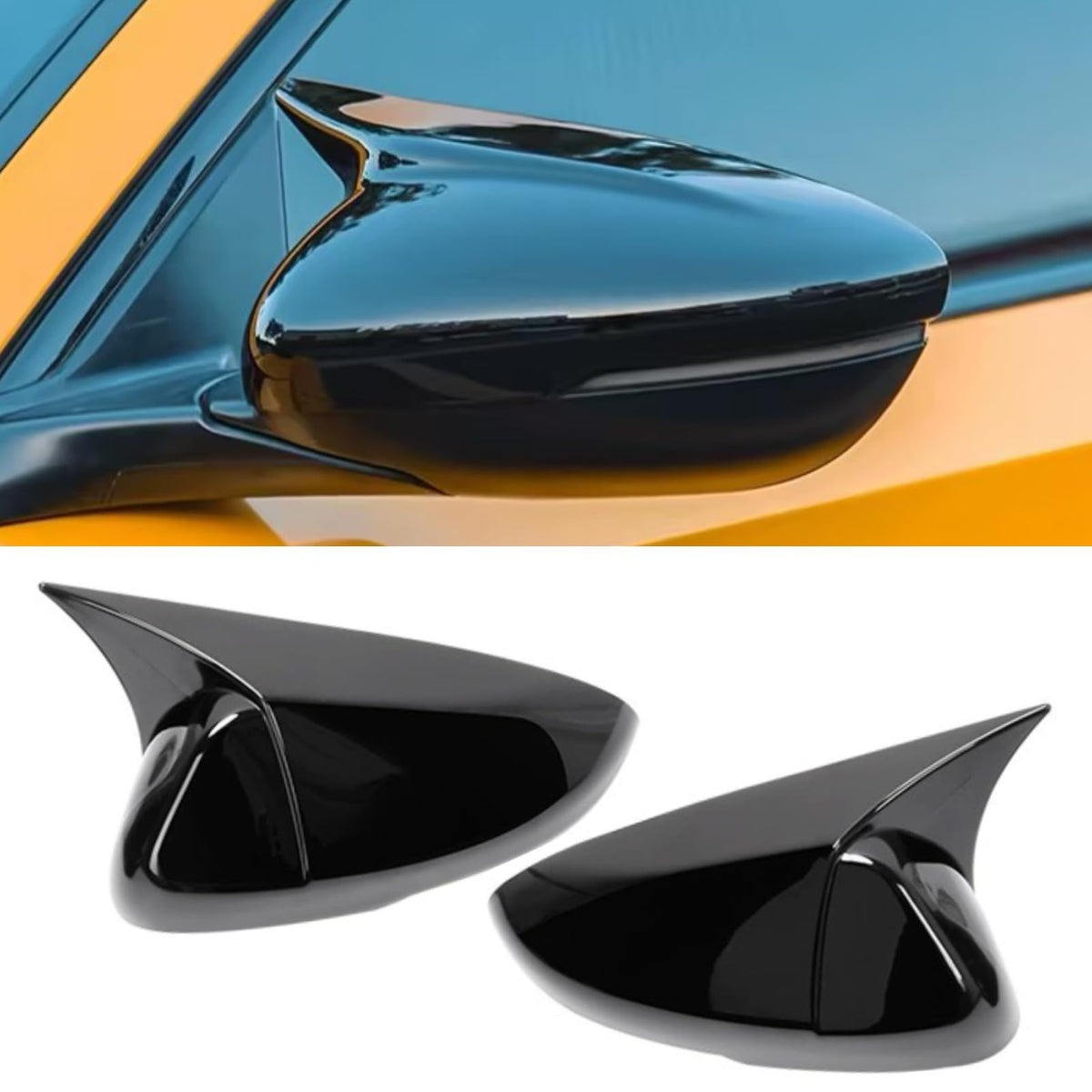 Yumzeco front view of glossy black ox horn mirror covers showing clean fit and sporty look