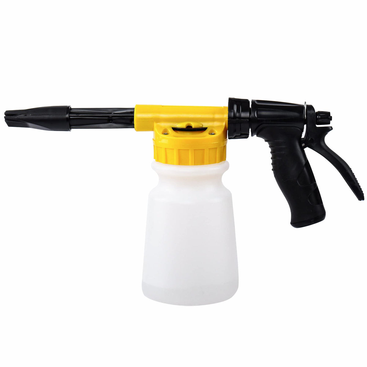 YunGuoGuo foam cannon front view showing yellow body and hose connection, easy setup benefit