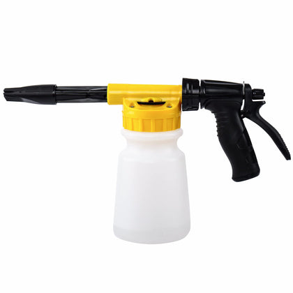 YunGuoGuo foam cannon front view showing yellow body and hose connection, easy setup benefit