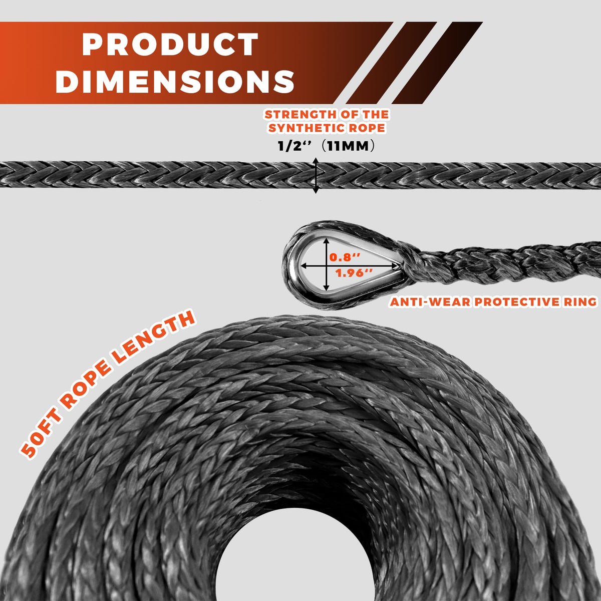 YUNPEAK rope laid next to a ruler showing 50ft length and scale convenience