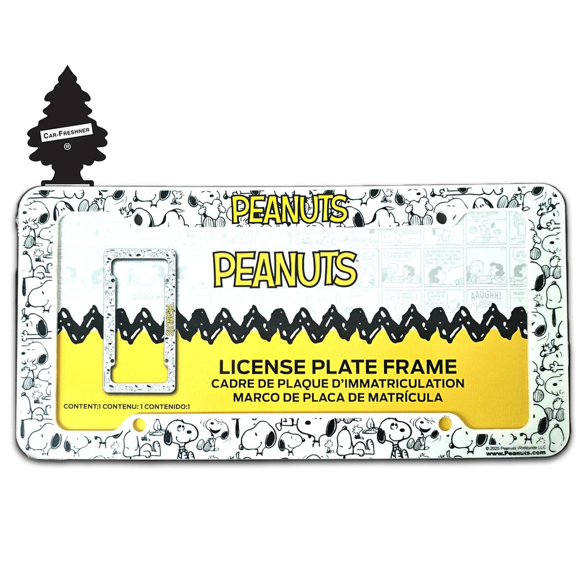 Yupbizauto Plasticolor Snoopy frame front view showing playful Peanuts design and easy install benefit