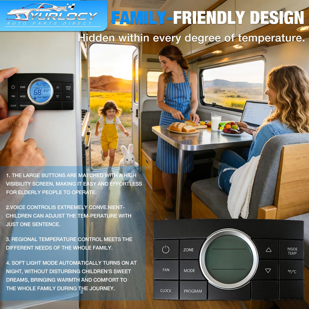 YURLOCY blue backlit display lit for clear night-time reading and simple adjustments