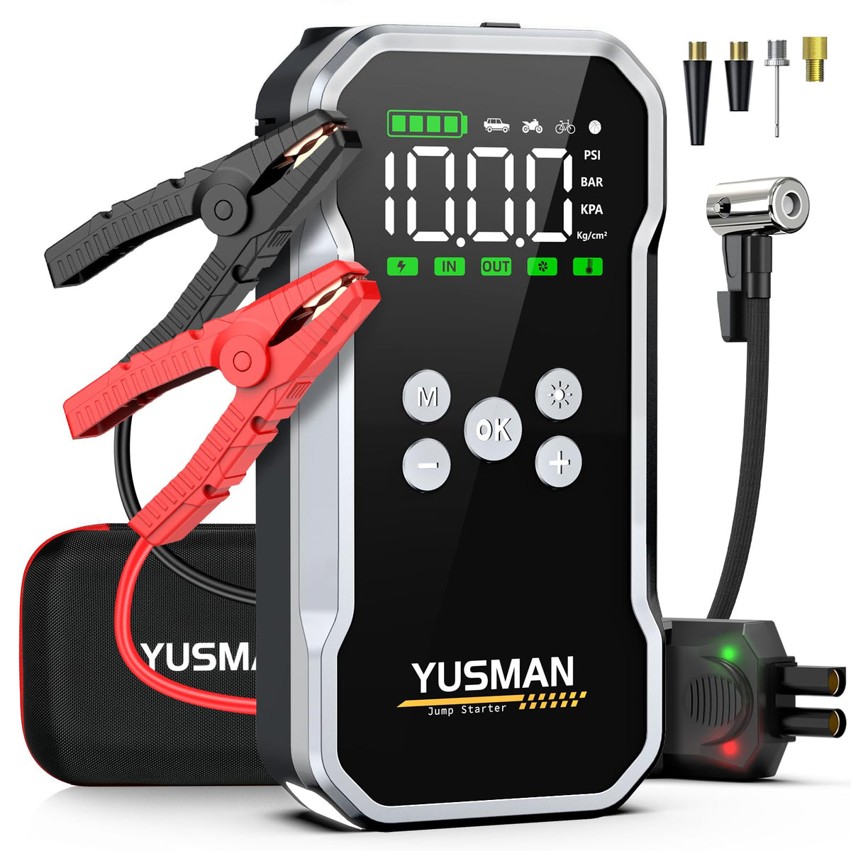 YUSMAN front view of jump starter showcasing compact design and portability benefit