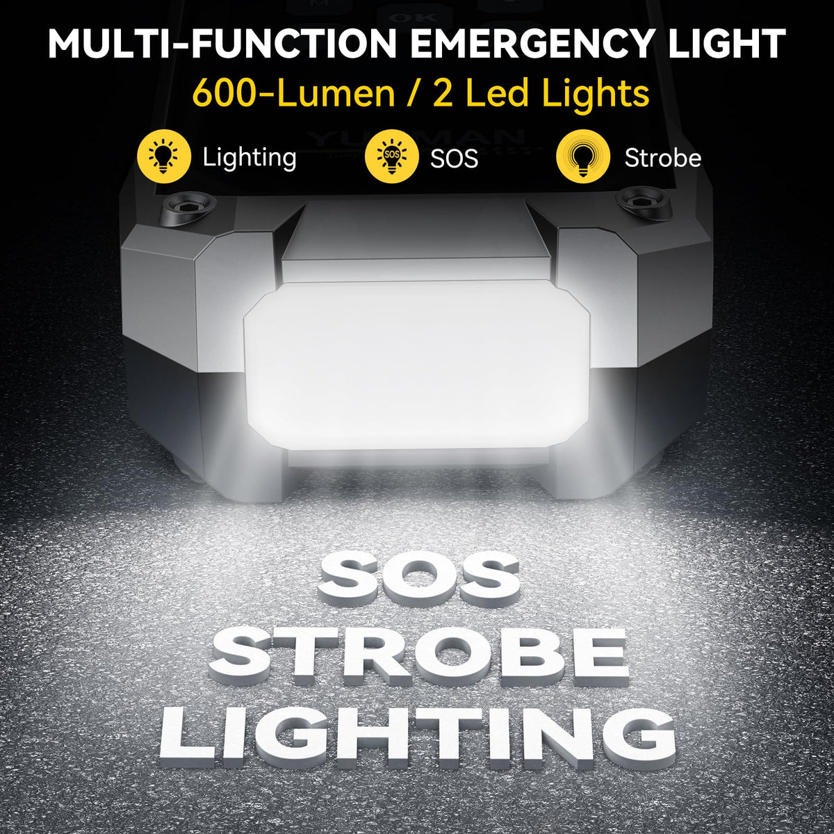 YUSMAN LED worklight illuminated in dark, bright SOS and strobe visibility