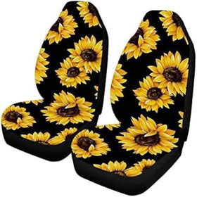 Yuudar packaging showing two sunflower front seat covers and included straps, easy protection