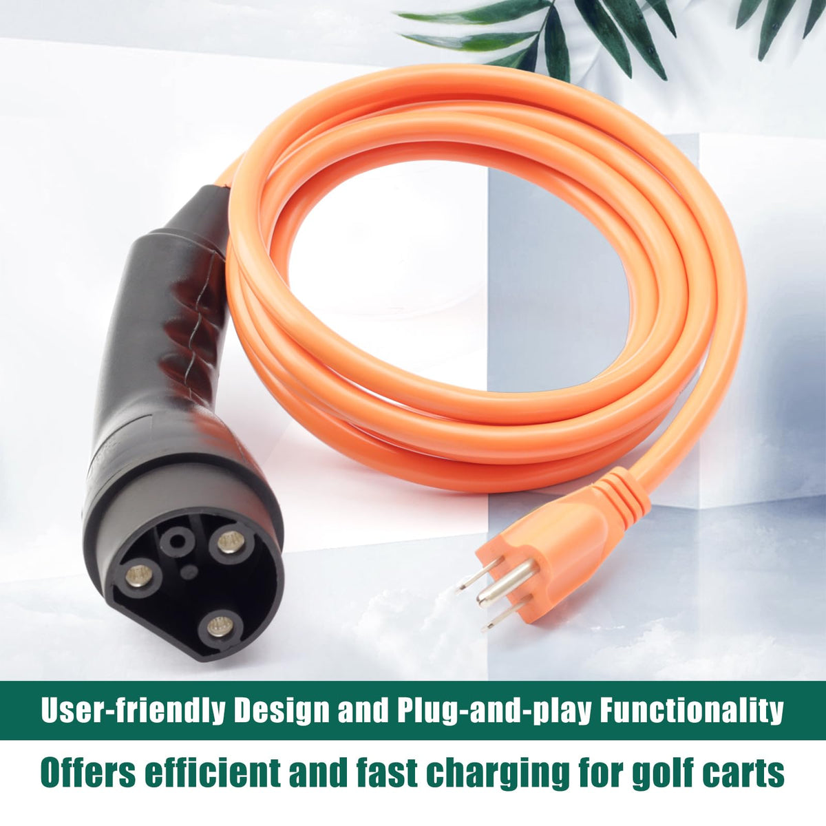 YUXIVCNE charging cord connected to golf cart showing dependable in-use charging