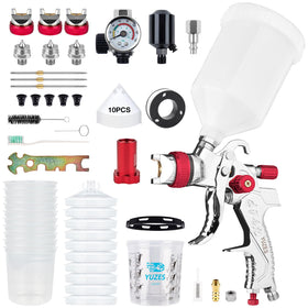 YUZES front view of HVLP spray gun showing ergonomic body and finish control benefits