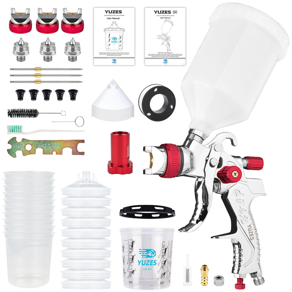 YUZES spray gun front view showing ergonomic handle and controls for comfortable use