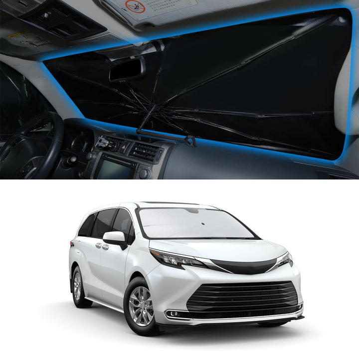 YYCKE front view of sun shade perfectly covering Sienna windshield, keeps cabin cooler