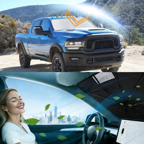 YYCKE lifestyle shot of parked RAM with shade in place showing cooler cabin comfort