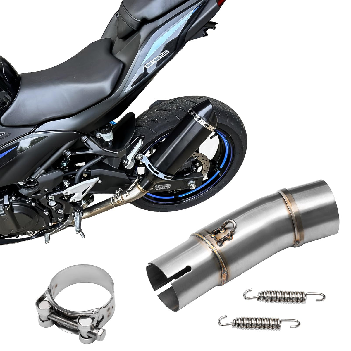 YZCHAIN mid pipe mounted on motorcycle illustrating clean factory integration