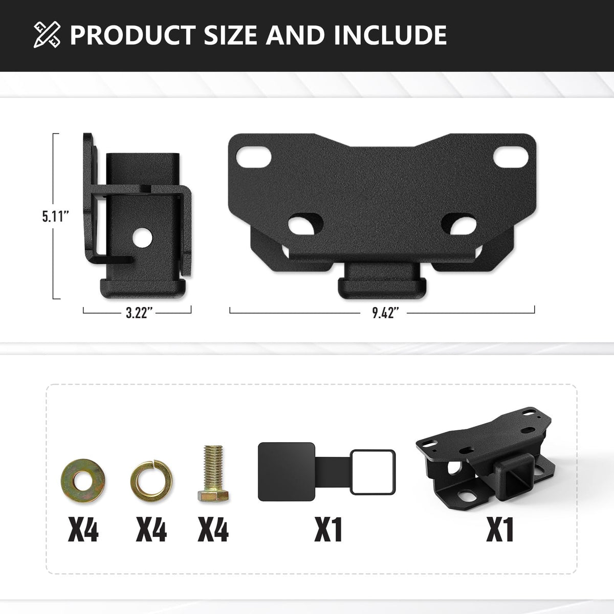 YZONA hitch next to measuring tape showing scale and 2-inch receiver compatibility