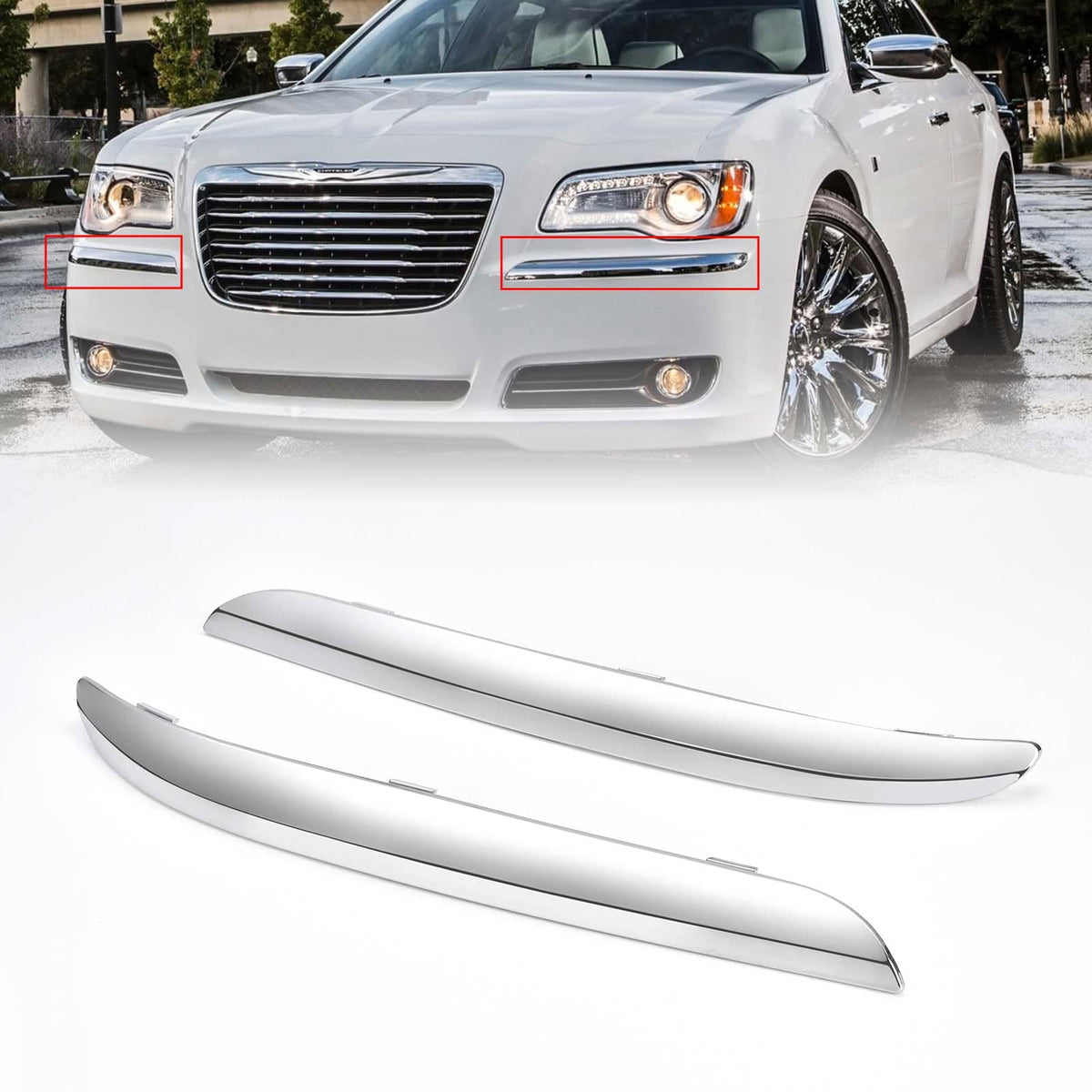 YZQPNB front bumper trim packaging showing both pieces and ready-to-install benefit