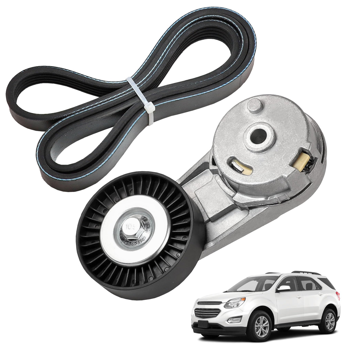 YzusGomumu front packaging of tensioner pulley kit, shows part identification and fit benefit