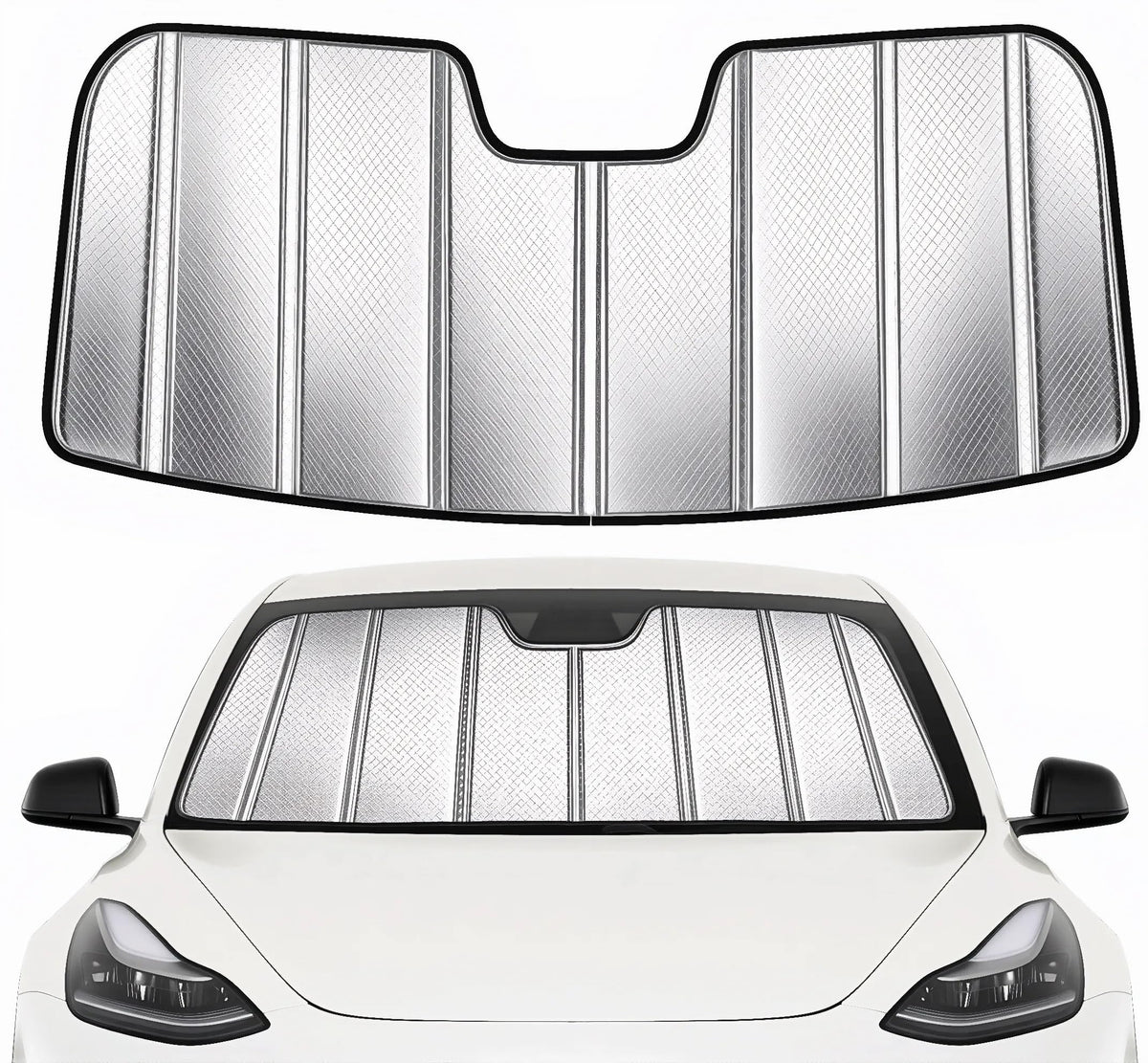 YZZWATW front fit on Tesla windshield showing precise coverage and heat reduction