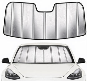 YZZWATW front fit on Tesla windshield showing precise coverage and heat reduction
