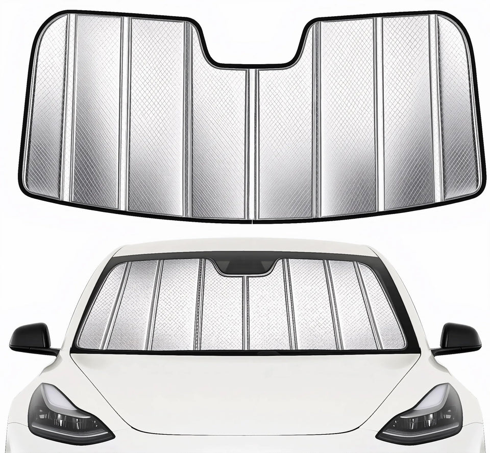 YZZWATW front fit on Tesla windshield showing precise coverage and heat reduction