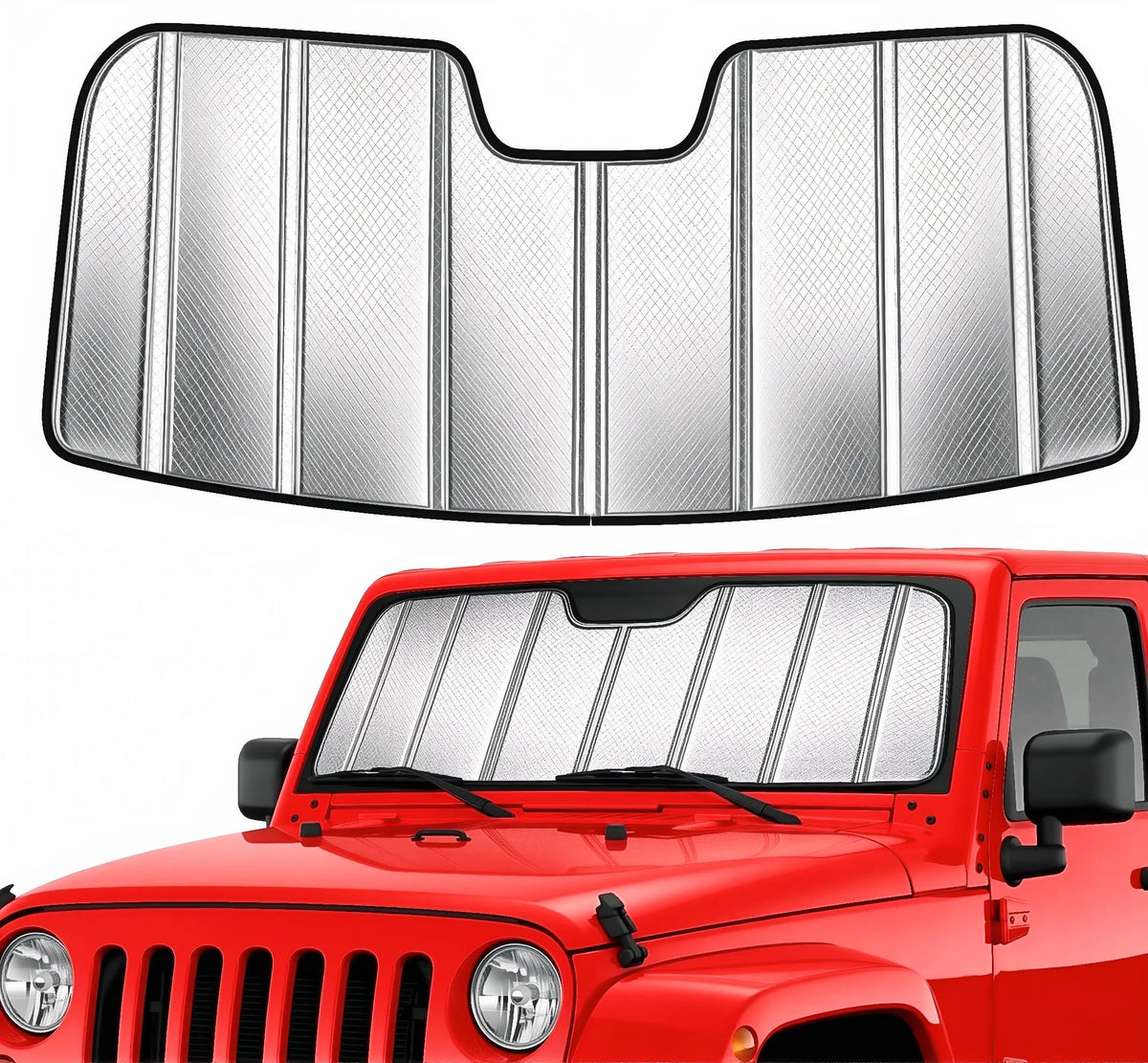 YZZWATW front view of sun shade showing custom-fit for Jeep windshields, protects interior