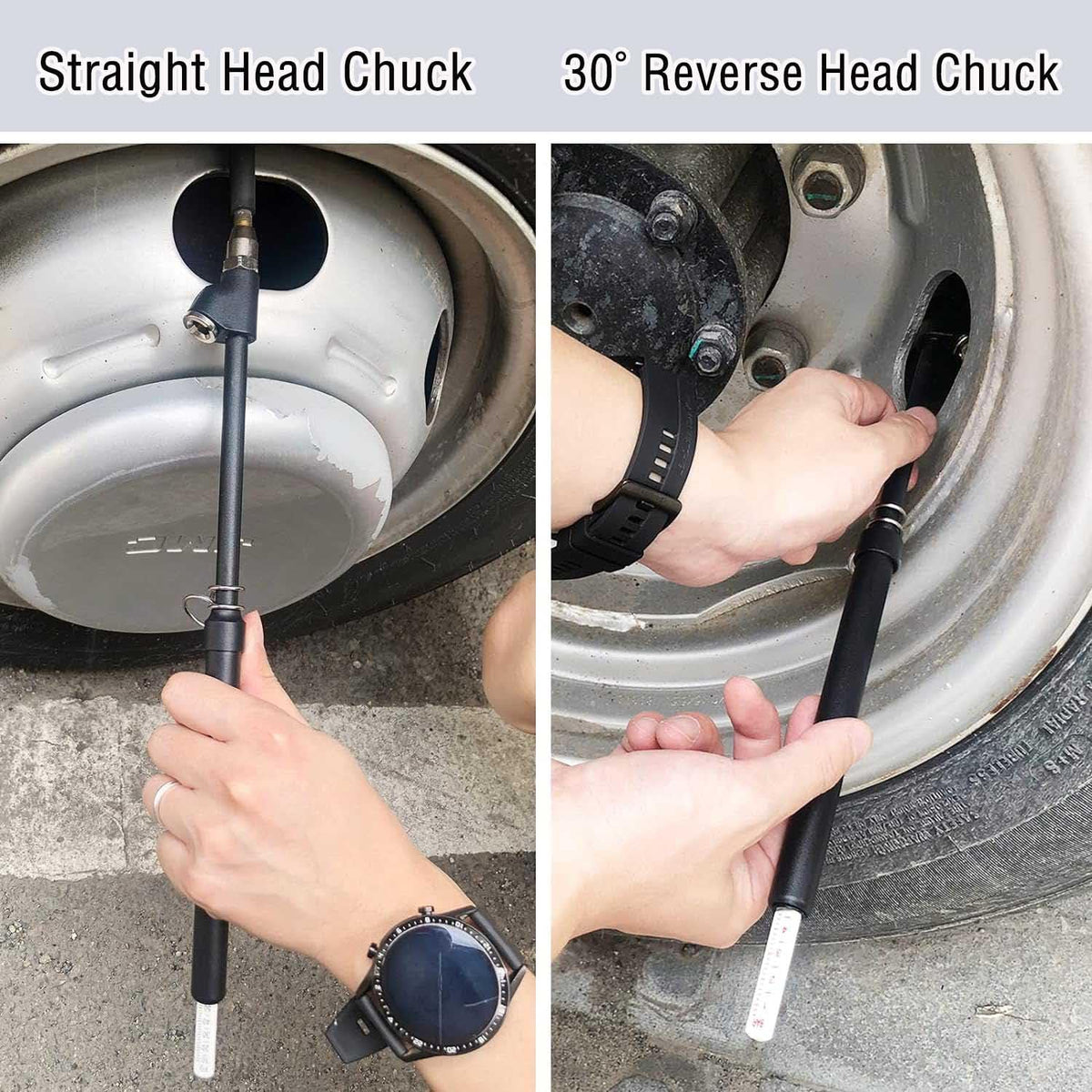 Z-oneMart gauge attached to truck valve demonstrating fast, repeatable pressure checks