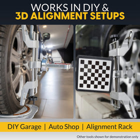Zackman Scientific clamp in a garage with alignment tools showing professional workflow