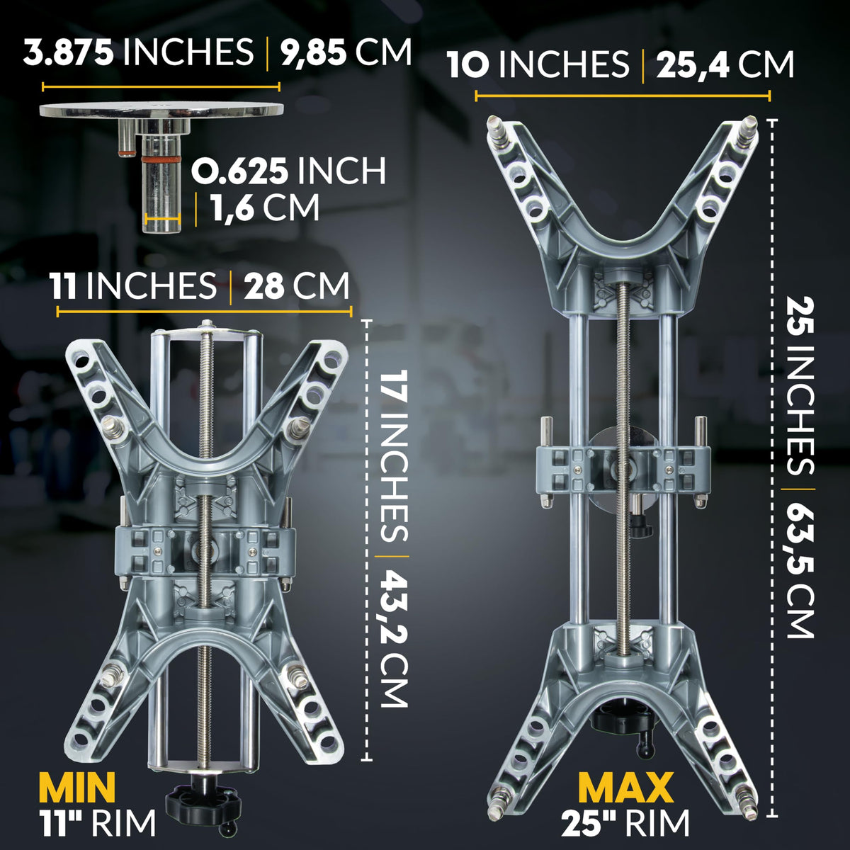 Zackman Scientific clamp beside a ruler showing size range for 11 to 25-inch rims