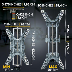 Zackman Scientific clamp beside a ruler showing size range for 11 to 25-inch rims
