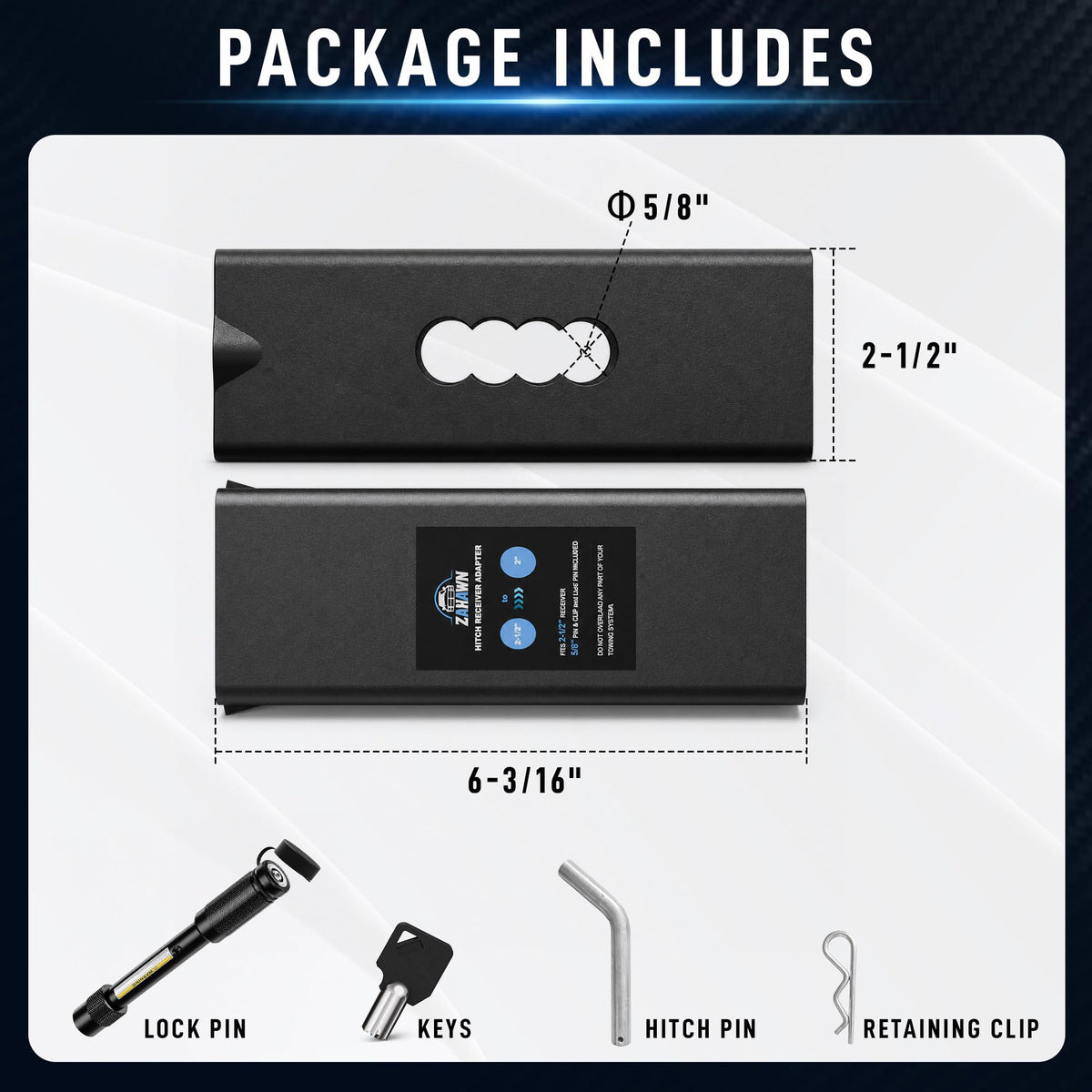 Zahawn packaging with included hitch pin and lock demonstrating complete kit benefit