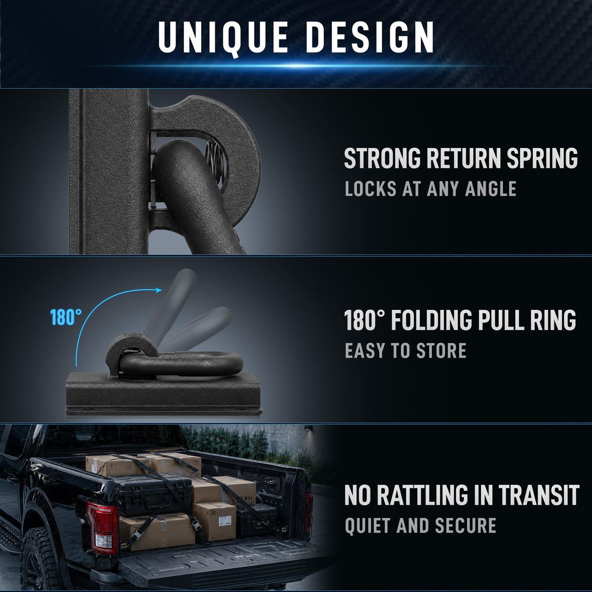 Zahawn folded anchor lying flat in a truck bed saving cargo space and preventing noise