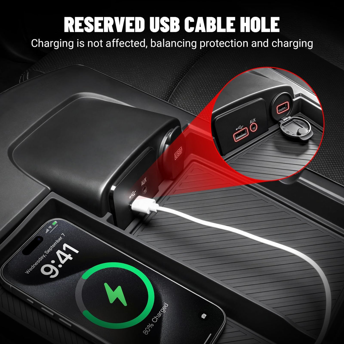 Zaqmru cutout for charging cable allowing in-console device power