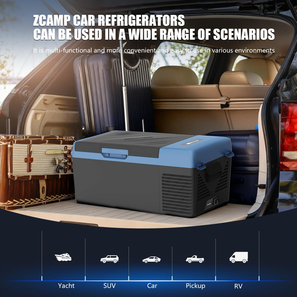 zcamp KI15 with included DC and AC power adapters, enabling car and home use
