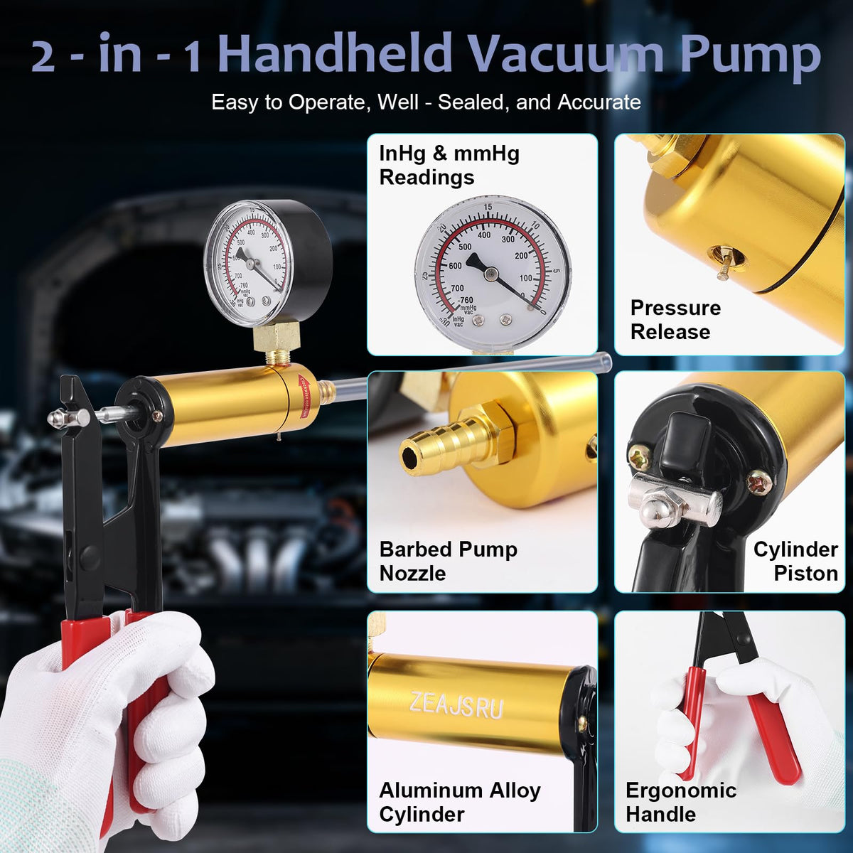 ZEAJSRU pump attached to brake bleeder during one-person bleeding for efficient fluid removal