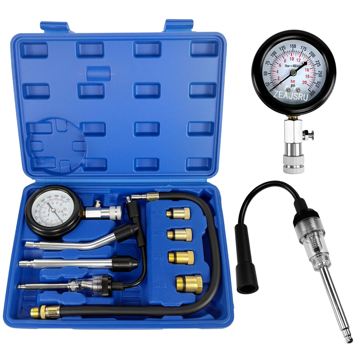 ZEAJSRU front view of complete compression tester kit showing all components and quick setup benefit