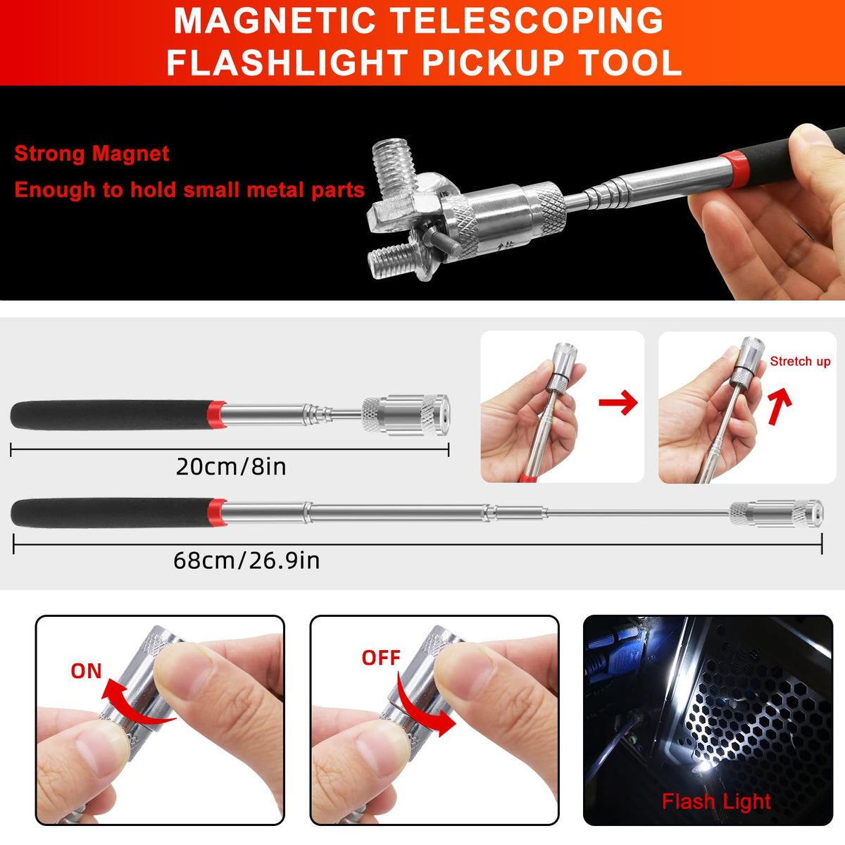 Zecirl telescoping magnetic retriever extended with LED to reach and recover dropped metal parts