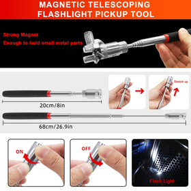 Zecirl telescoping magnetic retriever extended with LED to reach and recover dropped metal parts