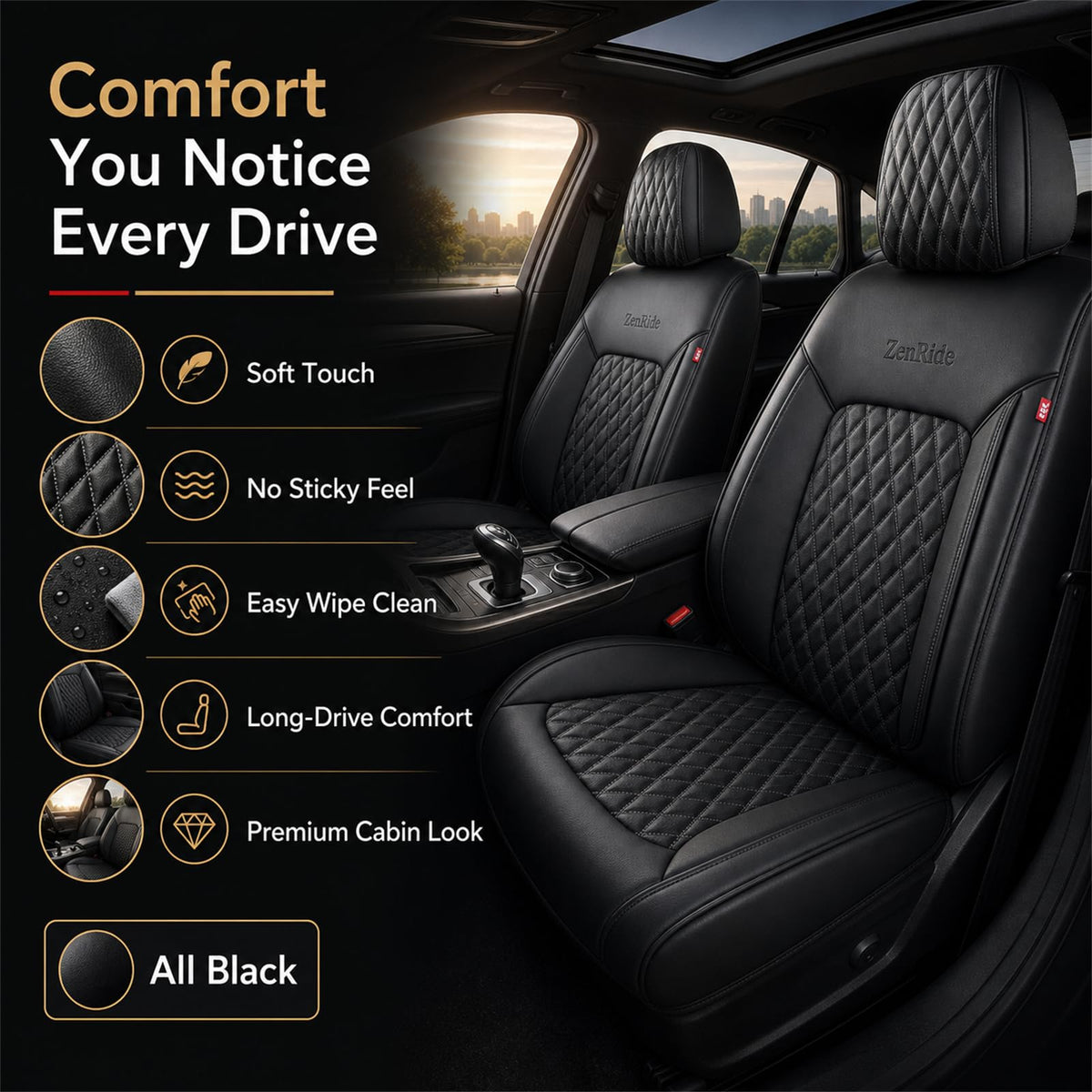 ZenRide in-car lifestyle shot showing driver comfort and interior upgrade
