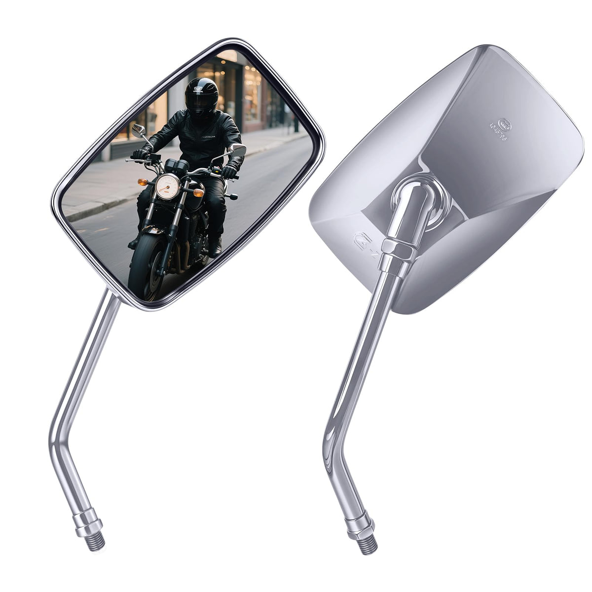 ZENTHOR chrome rectangle mirror front view showing clear wide reflection and improved visibility