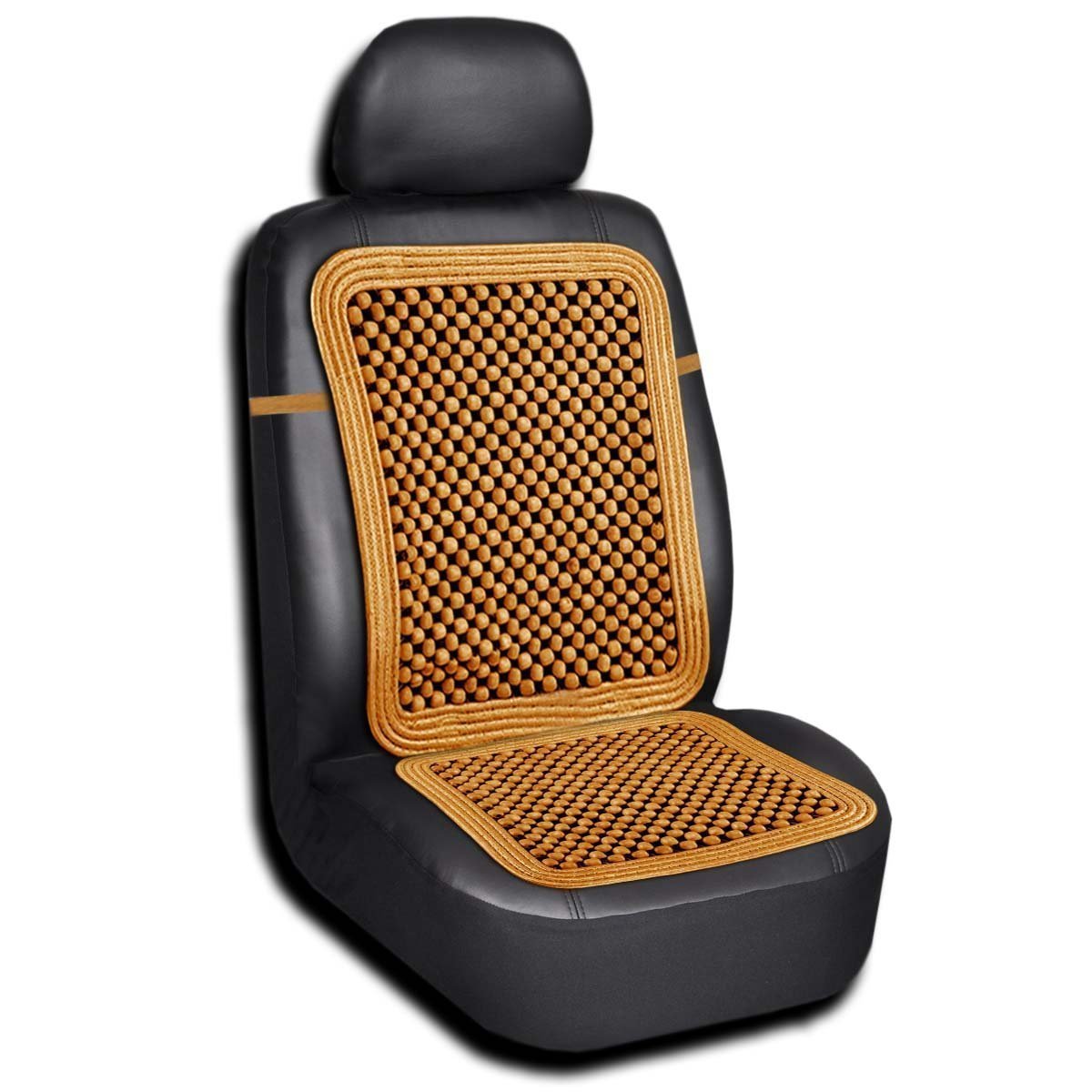 Zento Deals front view of natural-wood beaded seat cover showing ventilation benefit