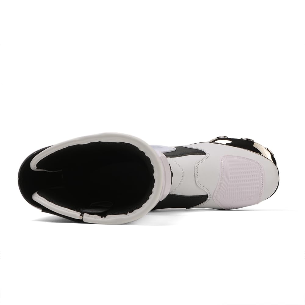 Zeozoom boots on motorcycle footpeg illustrating real-world riding security