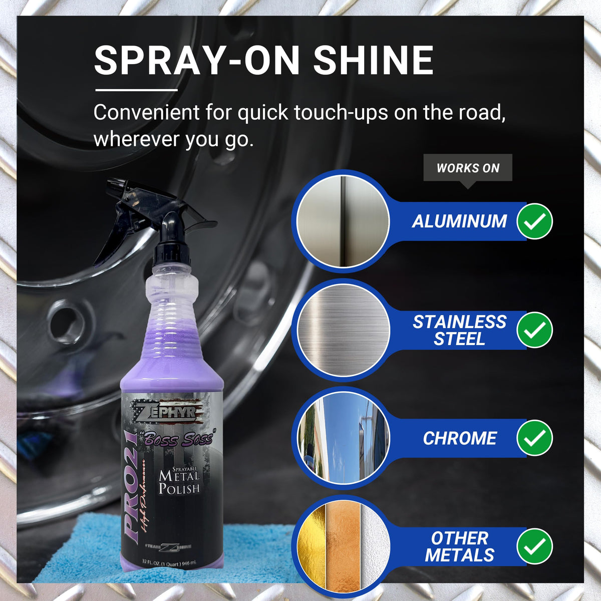 Zephyr spray action misting polish on metal for fast, even coverage and convenience