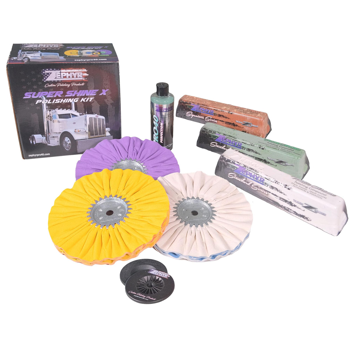 Zephyr front packaging showing complete polishing kit and benefits