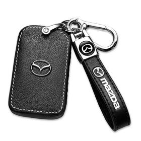ZERAL front view of black leather key fob case protecting Mazda remote
