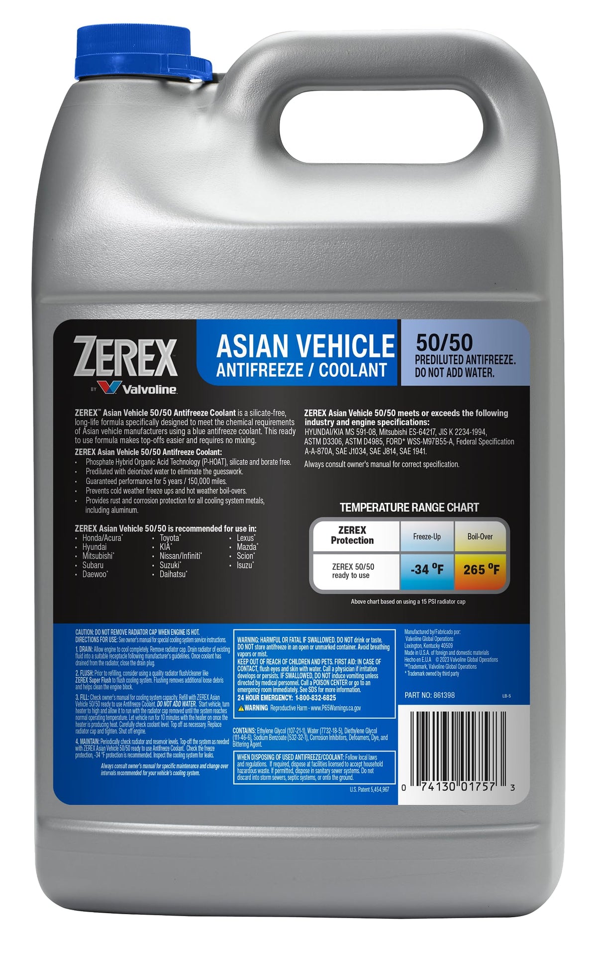 Zerex label close-up highlighting specs and OEM approvals for confidence
