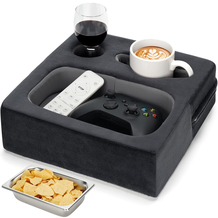 Zettfuly front view of couch cup holder showing organized drinks and items