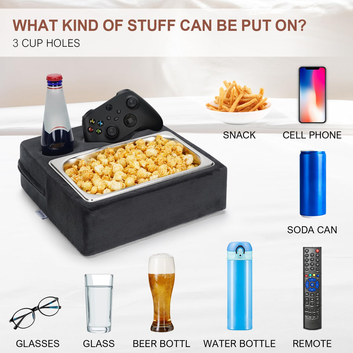 Zettfuly in use on sofa holding wine and snacks to prevent spills