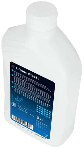 ZF product label close-up showing LifeGuard Fluid 8 specification and safety warning